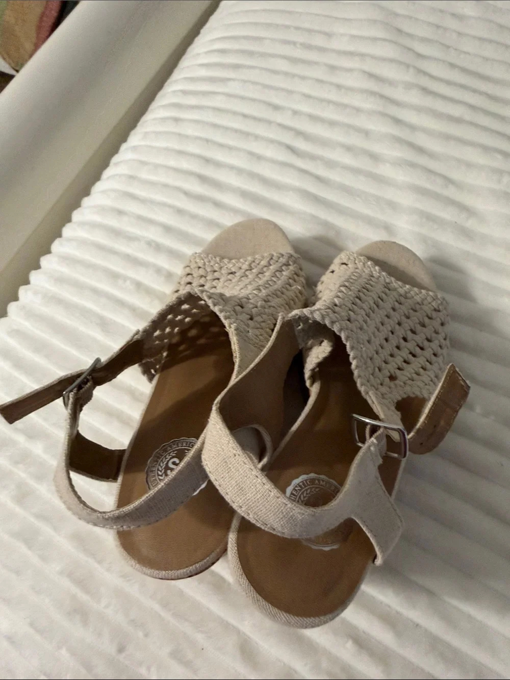 SoftWalk Beige Woven Peep-Toe Slingback Wedges
